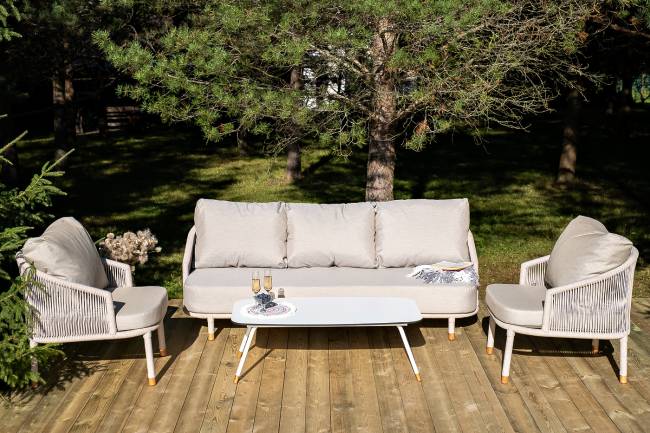 "Верона" лаунж-зона 5-местная плетеная из роупа (веревки), каркас алюминиевый белый, роуп бежевый "Верона" лаунж-зона 5-местная плетеная из роупа (веревки), каркас алюминиевый белый, роуп бежевый