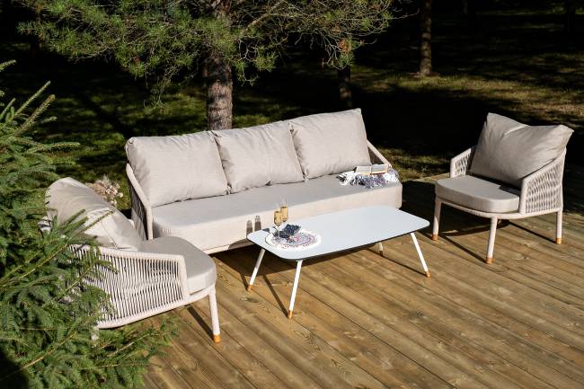 "Верона" лаунж-зона 5-местная плетеная из роупа (веревки), каркас алюминиевый белый, роуп бежевый "Верона" лаунж-зона 5-местная плетеная из роупа (веревки), каркас алюминиевый белый, роуп бежевый