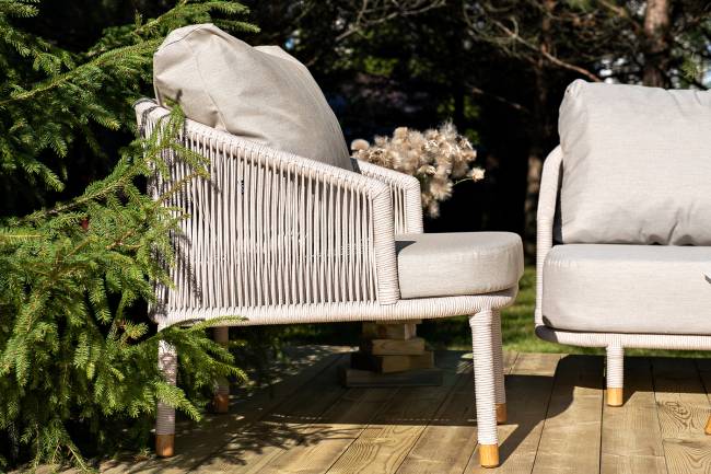 "Верона" лаунж-зона 5-местная плетеная из роупа (веревки), каркас алюминиевый белый, роуп бежевый "Верона" лаунж-зона 5-местная плетеная из роупа (веревки), каркас алюминиевый белый, роуп бежевый