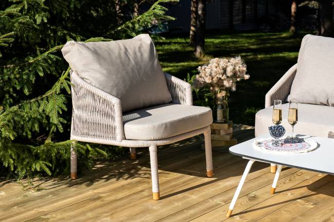 "Верона" лаунж-зона 5-местная плетеная из роупа (веревки), каркас алюминиевый белый, роуп бежевый "Верона" лаунж-зона 5-местная плетеная из роупа (веревки), каркас алюминиевый белый, роуп бежевый