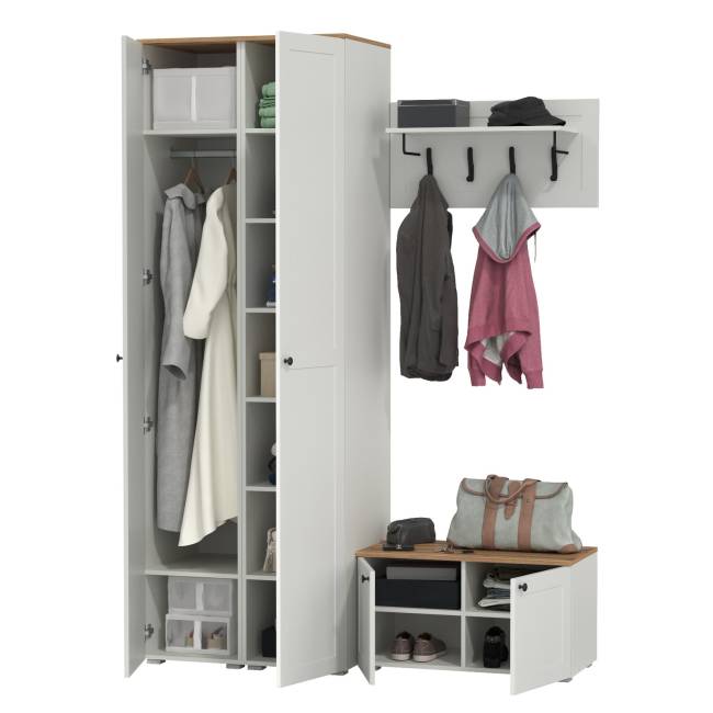 Два пенала в прихожую и тумба с вешалкой Остин цвет белый шагрень/дуб крафт золотой