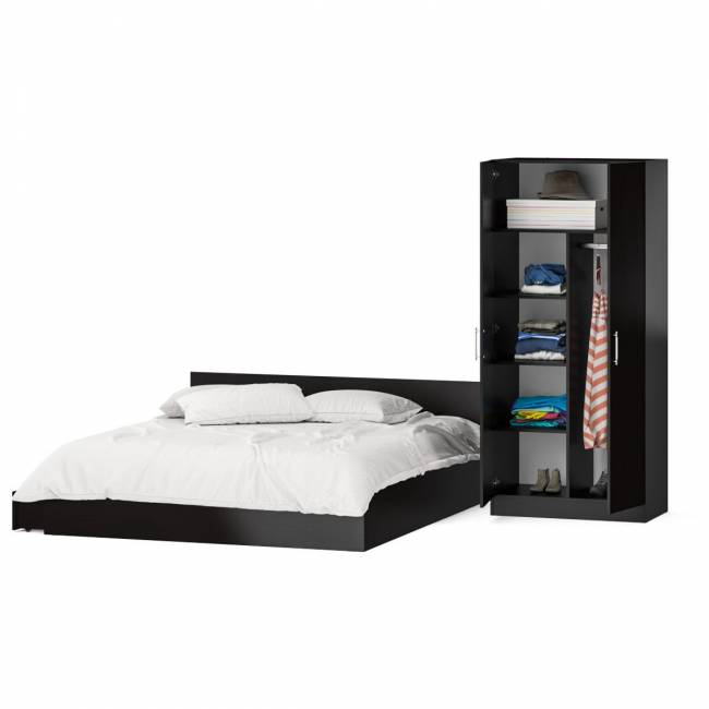 Двуспальная кровать с ящиками 1800 со шкафом для одежды 2-х створчатым Стандарт цвет венге