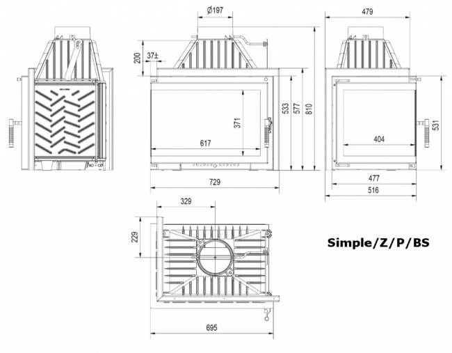 Топка Kratki SIMPLE/Z/S/P/BS, угловое стекло справа