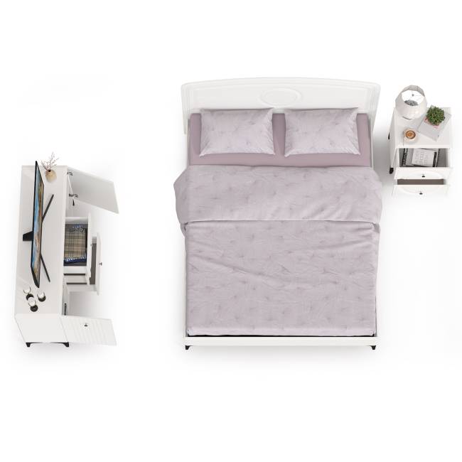 Комод Валенсия с кроватью 1600 и прикроватной тумбочкой цвет белый шагрень