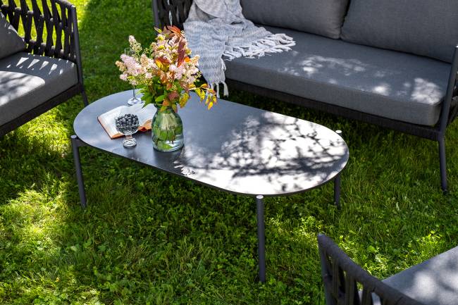 "Диего" лаунж-зона 4-местная плетеная из роупа (веревки), каркас алюминиевый темно-серый, роуп темно-серый "Диего" лаунж-зона 4-местная плетеная из роупа (веревки), каркас алюминиевый темно-серый, роуп темно-серый