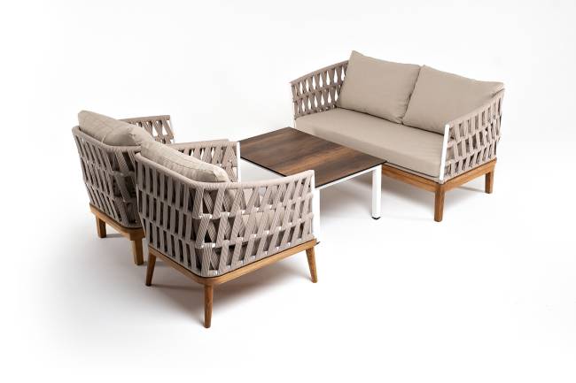 "Диего" лаунж-зона 4-местная плетеная из роупа со столиком "Канны" цвета "дуб", основание дуб, роуп бежевый "Диего" лаунж-зона 4-местная плетеная из роупа со столиком "Канны" цвета "дуб", основание дуб, роуп бежевый