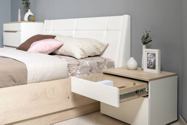 Набор мебели для спальни Муссон с кроватью 1600 цвет белый/чёрный/дуб эндгрейн элегантный/кожзам белый