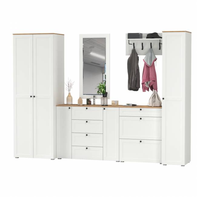 Мебельная стенка для прихожей Остин № 61 цвет белый шагрень/дуб крафт золотой