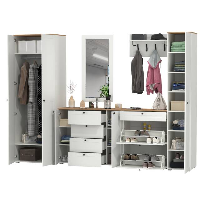 Мебельная стенка для прихожей Остин № 61 цвет белый шагрень/дуб крафт золотой