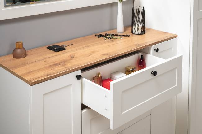 Мебельная стенка для прихожей Остин № 61 цвет белый шагрень/дуб крафт золотой