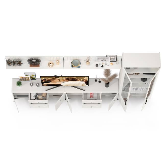 Две навесных полки с ТВ-тумбами и сервантом Валенсия цвет белый шагрень